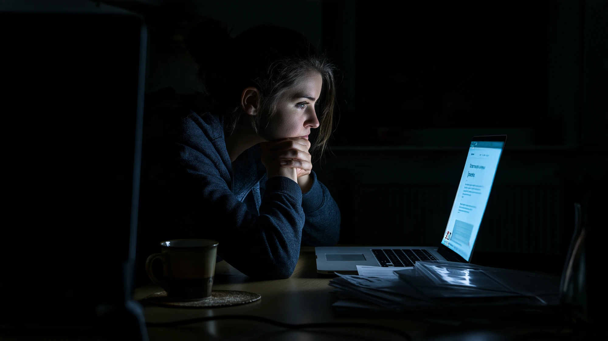 A founder alone at her desk late at night, studying her own website on a laptop