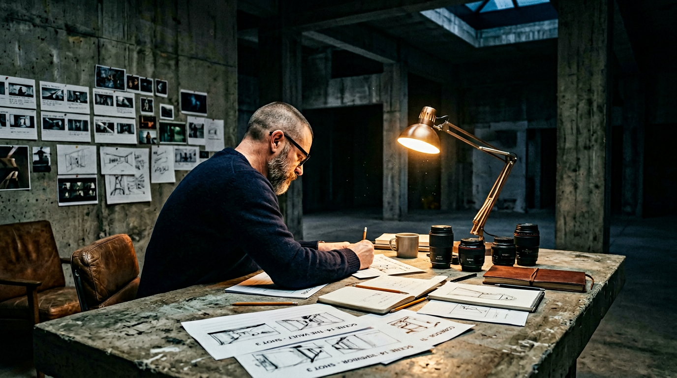 Designer at desk — storyboards, lenses, working