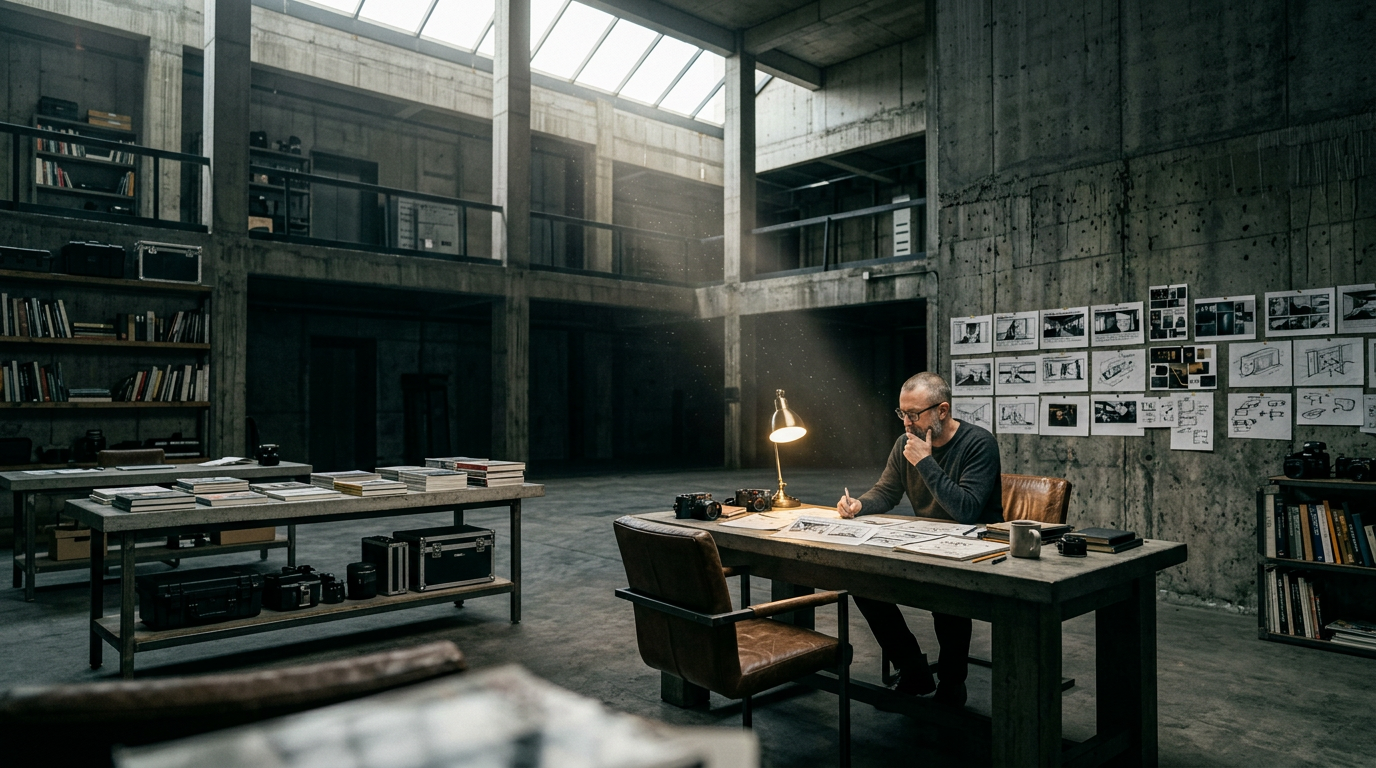 Medium wide — designer at desk, storyboard wall behind