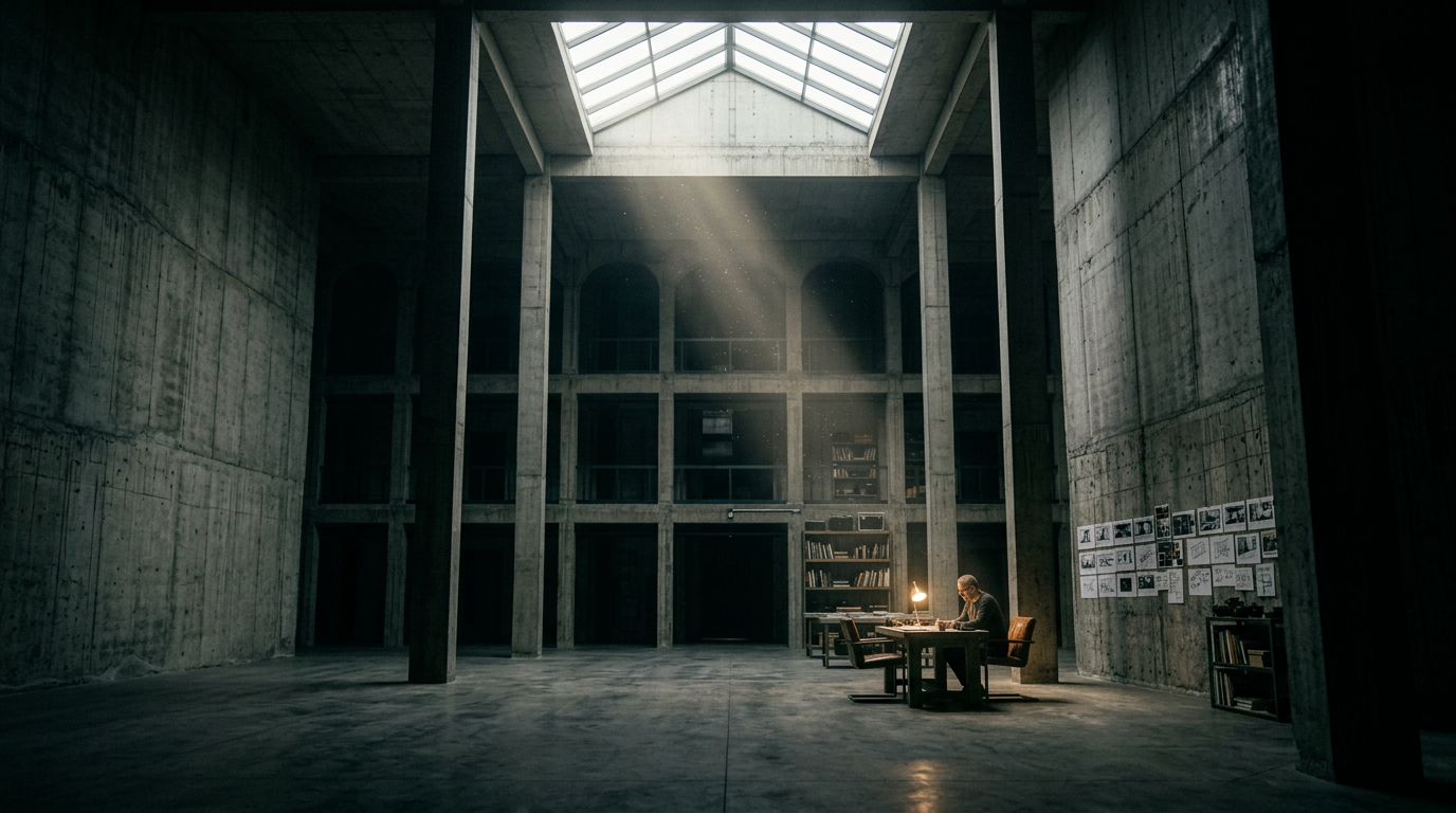 The Director — vast brutalist studio interior