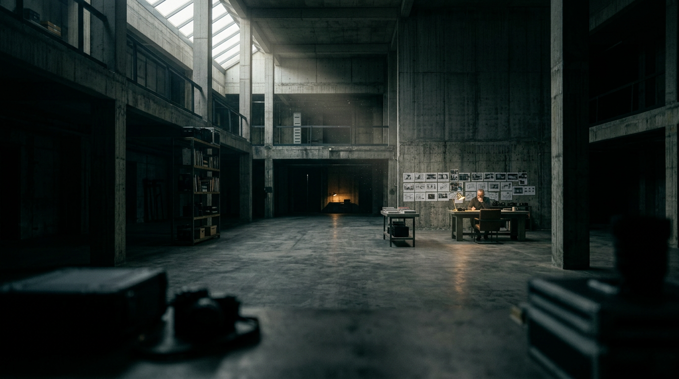 Wide atmospheric — brutalist studio floor, towering concrete columns