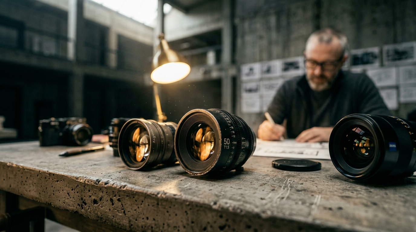 Worktable — cinema lenses in foreground, designer drawing behind