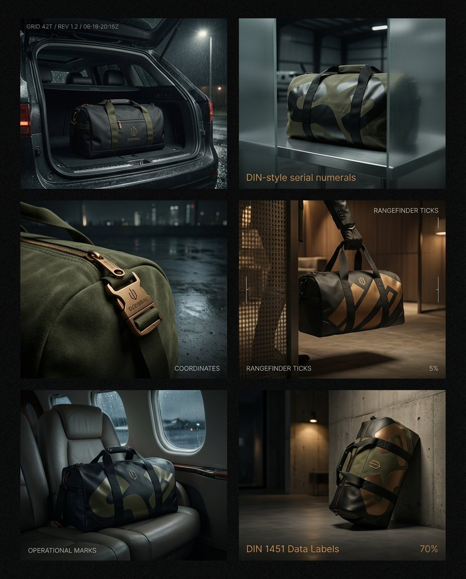Durindal branded duffel bag in six environments — private jet, security scanner, rain-soaked trunk