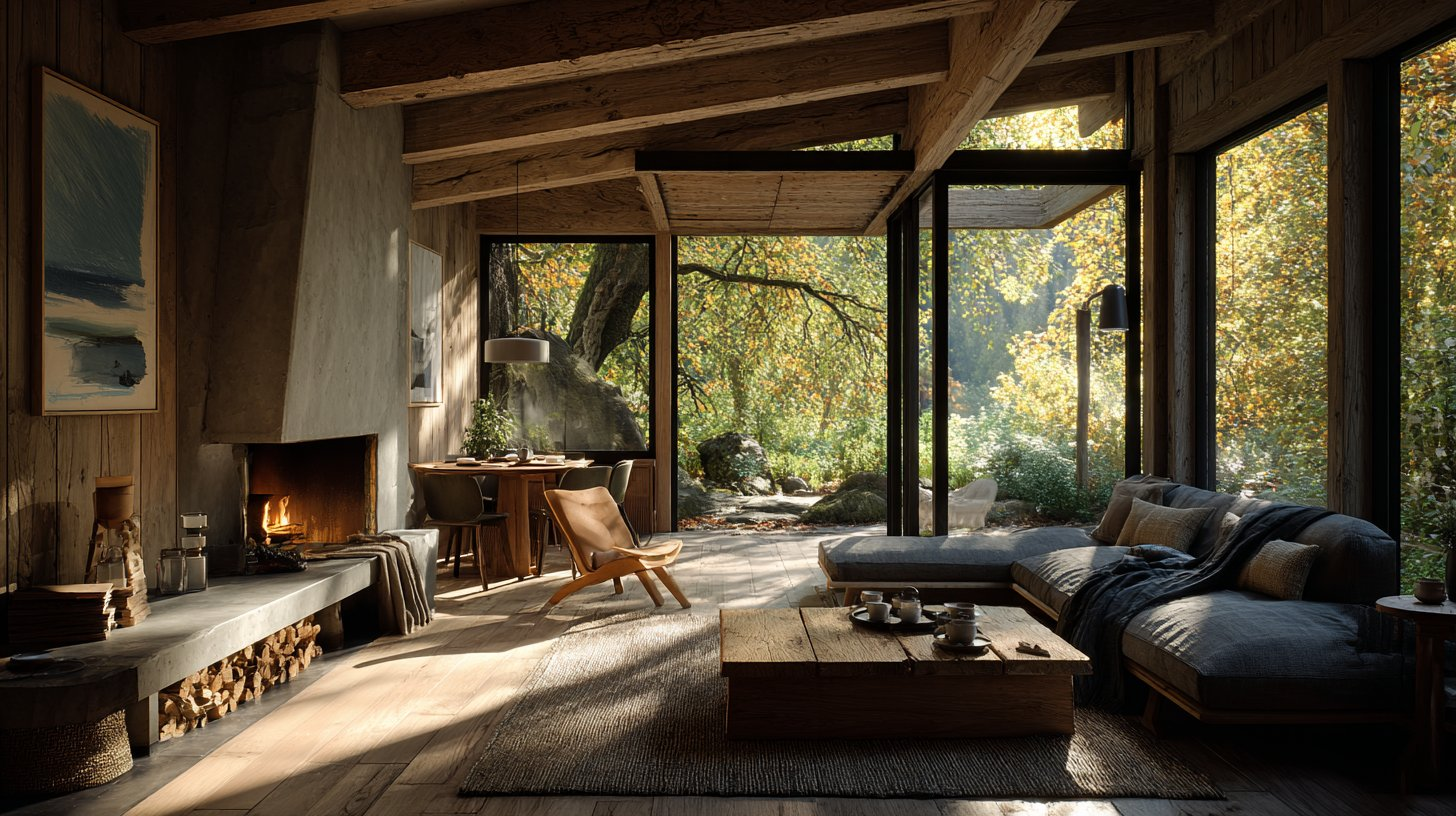 The Field House Series — modern cabin interior, morning light, fireplace and forest
