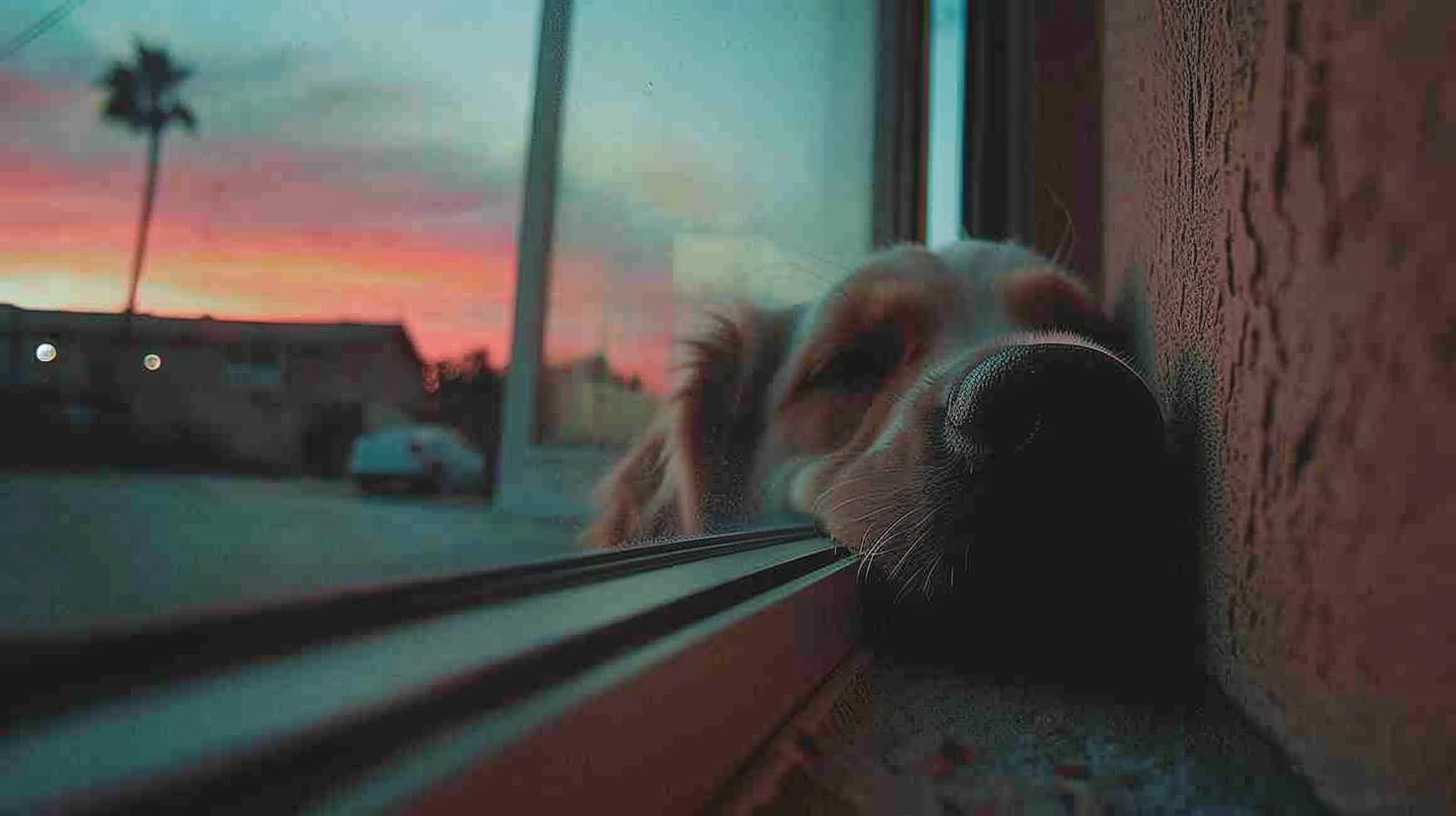 Golden doodle nose on window — sunset reflection, California light