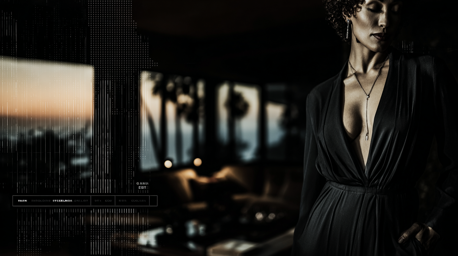 Fashion editorial — palm hotel, moody evening light