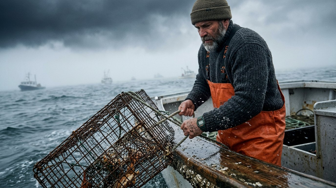 G-Shock DW5600 — fisherman hauling crab trap in storm
