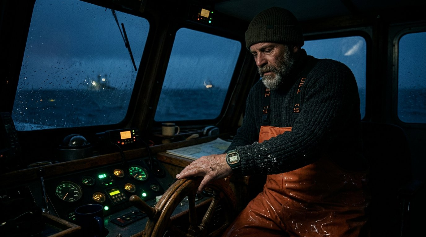 Fisherman at helm in storm — G-Shock DW5600 on wrist