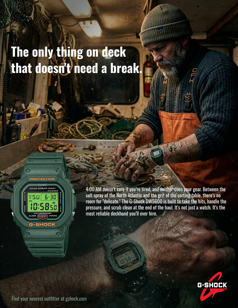 G-Shock DW5600 finished print ad — The only thing on deck that doesn't need a break