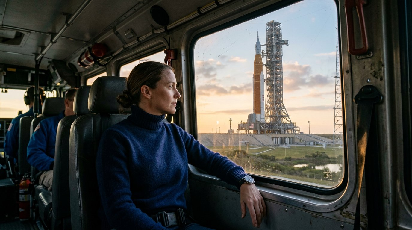 Woman in Ralph Lauren Black Label looking at SLS rocket from transport bus