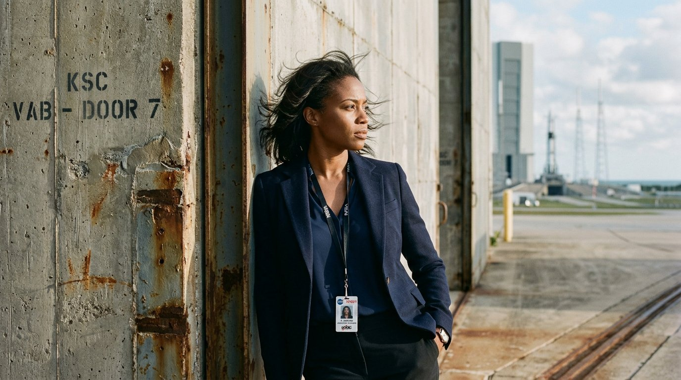 Man in Ralph Lauren Black Label coat walking toward SLS rocket at dawn