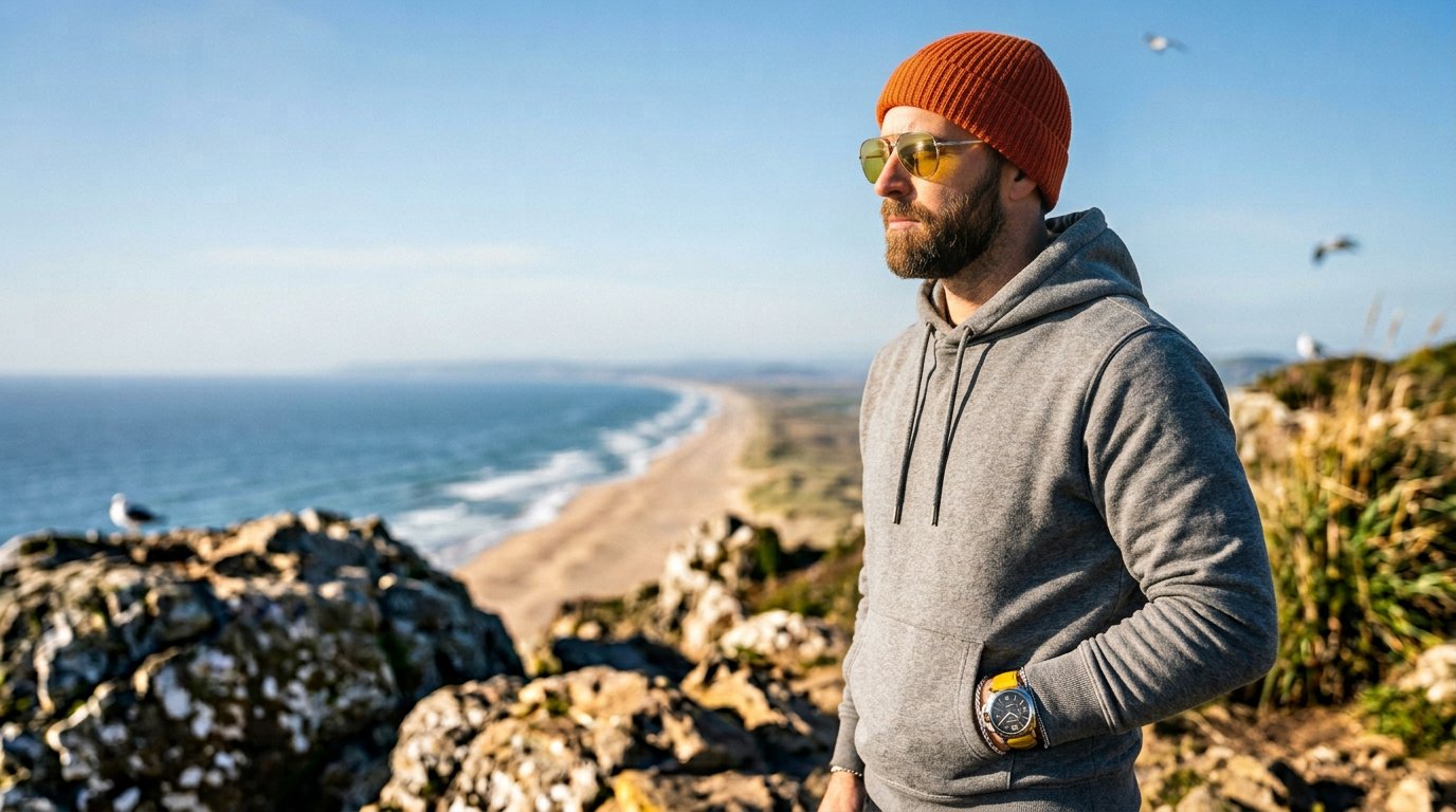 Man on coastal overlook wearing Panerai Luminor Marina with yellow strap
