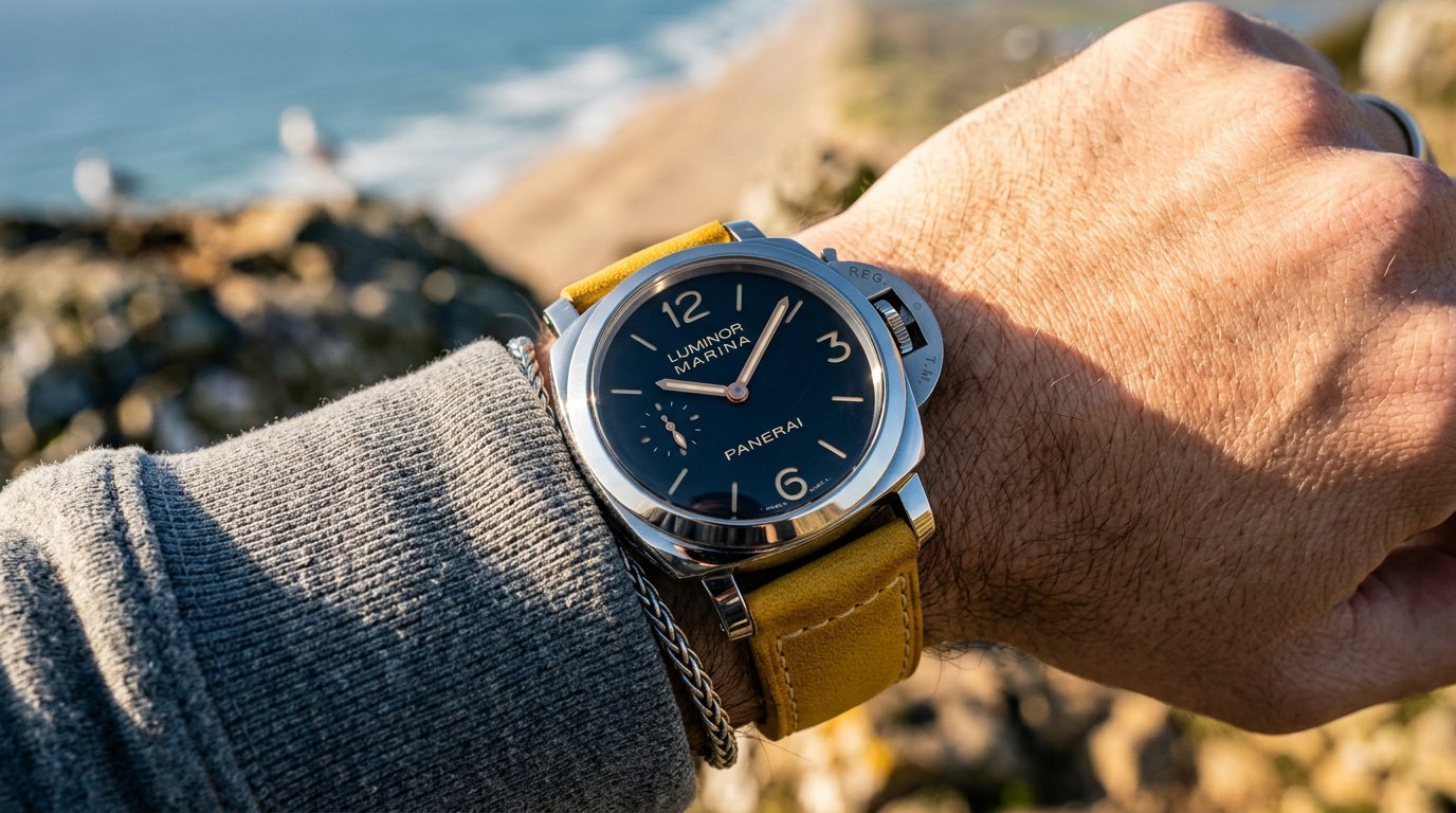 Panerai Luminor Marina wrist shot — coastal rocks and surf behind