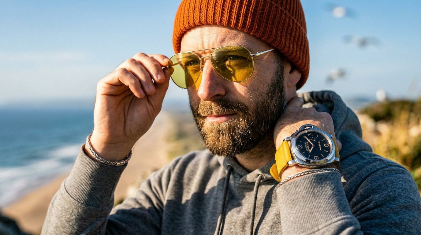 Medium portrait — man adjusting sunglasses, Panerai Luminor Marina on wrist