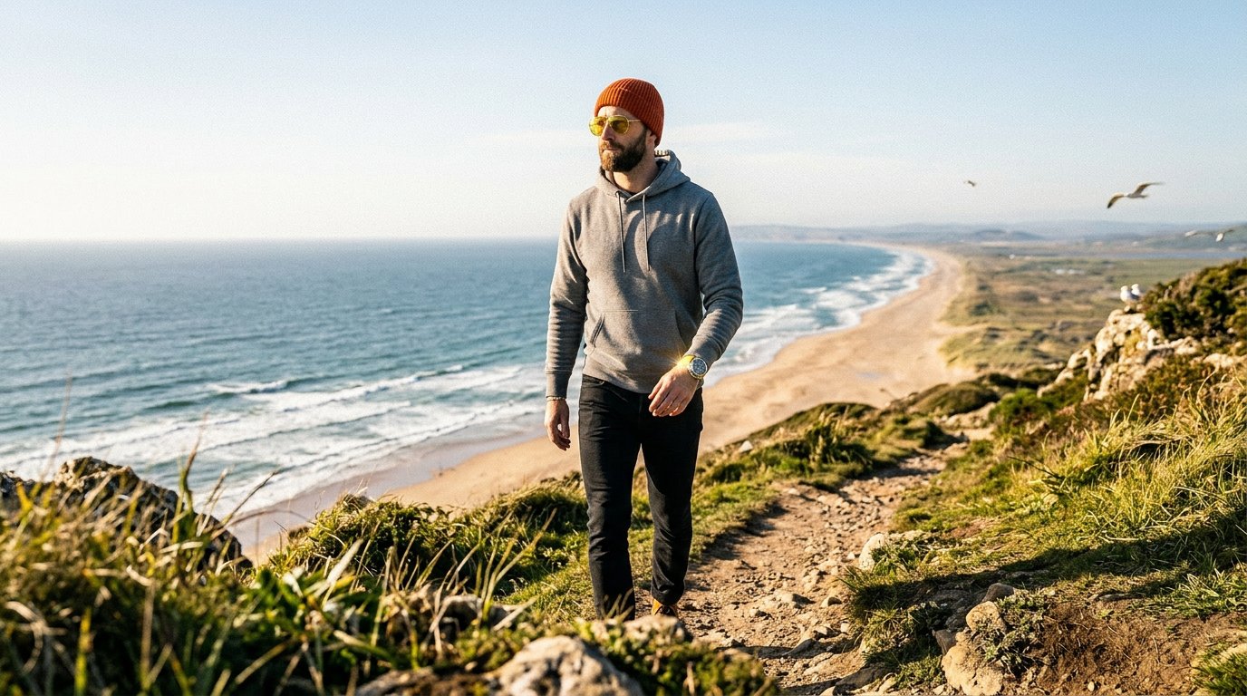 Wide cinematic walk along coastal cliff path — Panerai visible