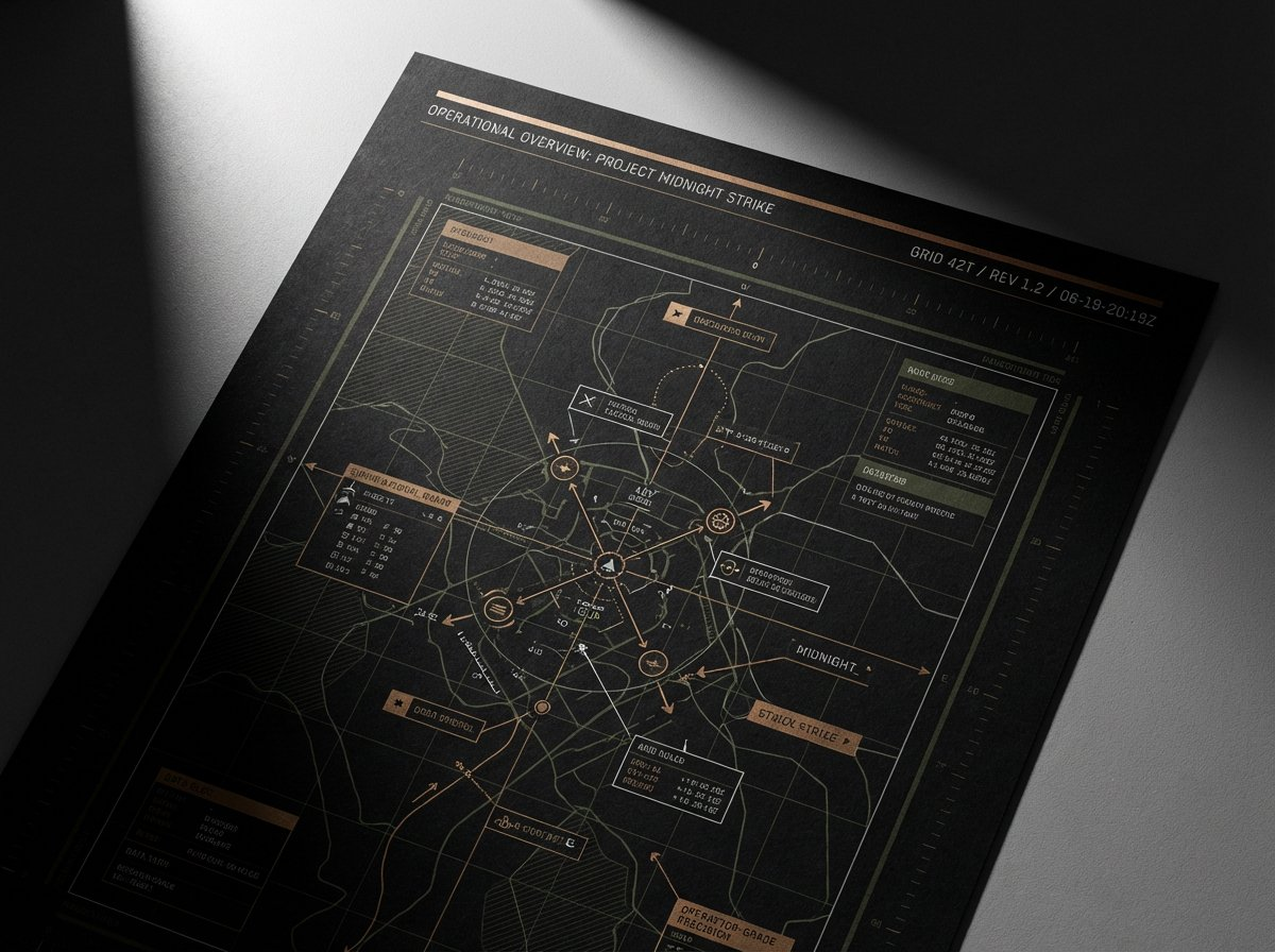 Brand Collateral — Tactical dossier, carbon fiber, GRID 42T markings
