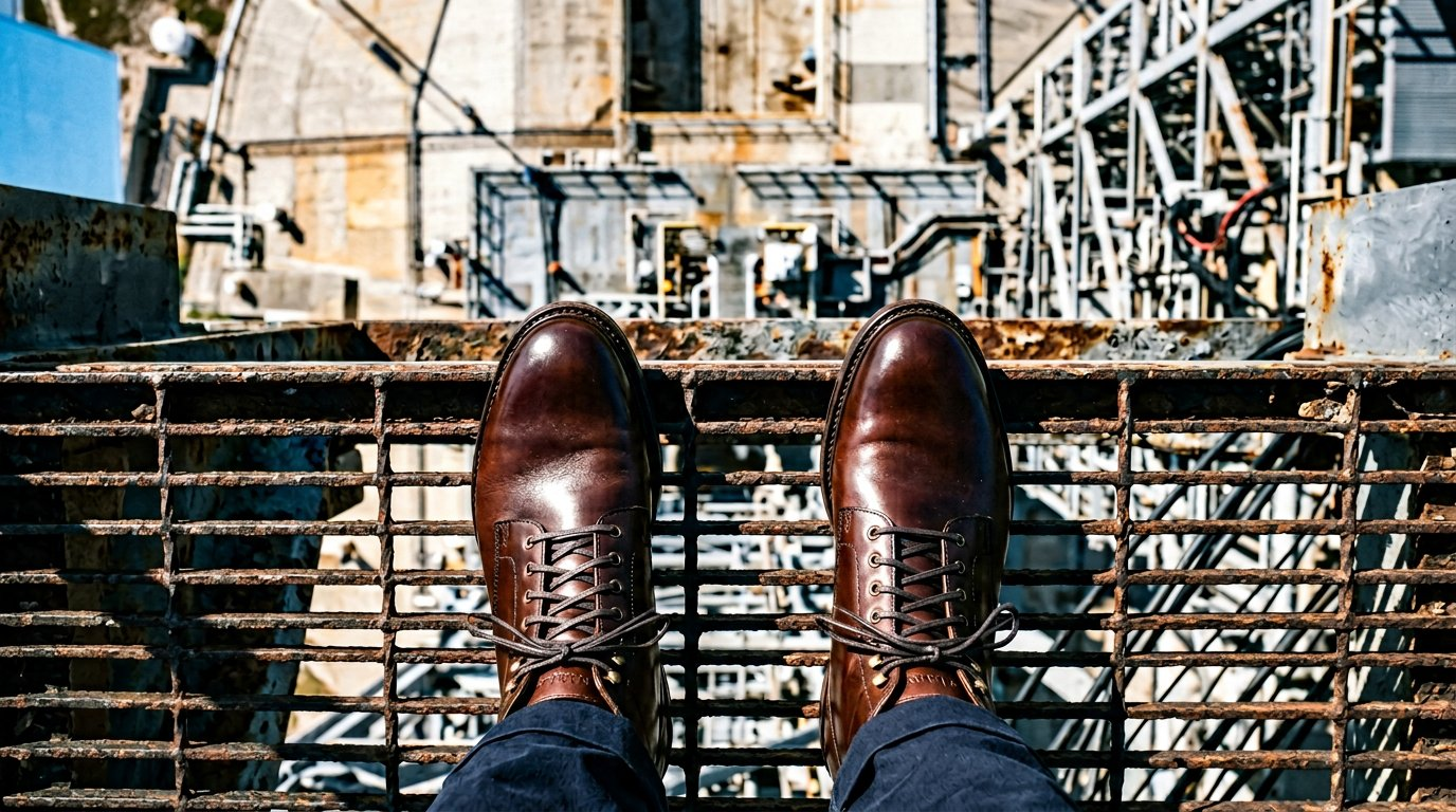 Detail — Hand-polished Black Label oxfords, launch access tower grating